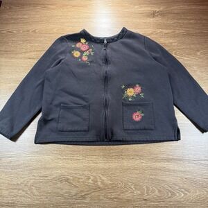 Breckenridge Women's XL Vintage Y2K Floral Embroidered Zip Jacket Fleece Black